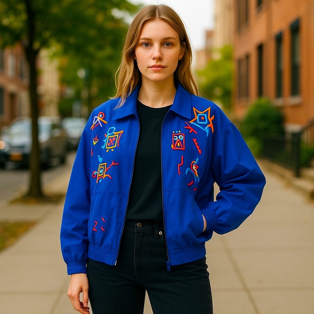 VINTAGE Silk BOMBER JACKET 70s SAINT GERMAIN embroidered pockets zippered travel